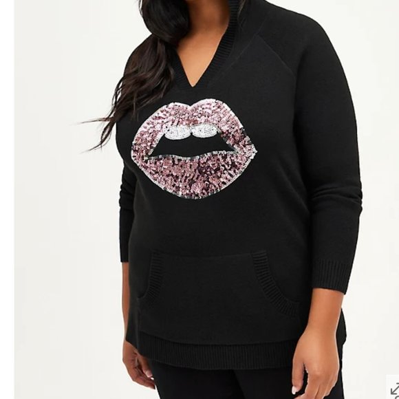 💕 Torrid  Pink Sequin Lips Sweater w/ Hood - Picture 3 of 5